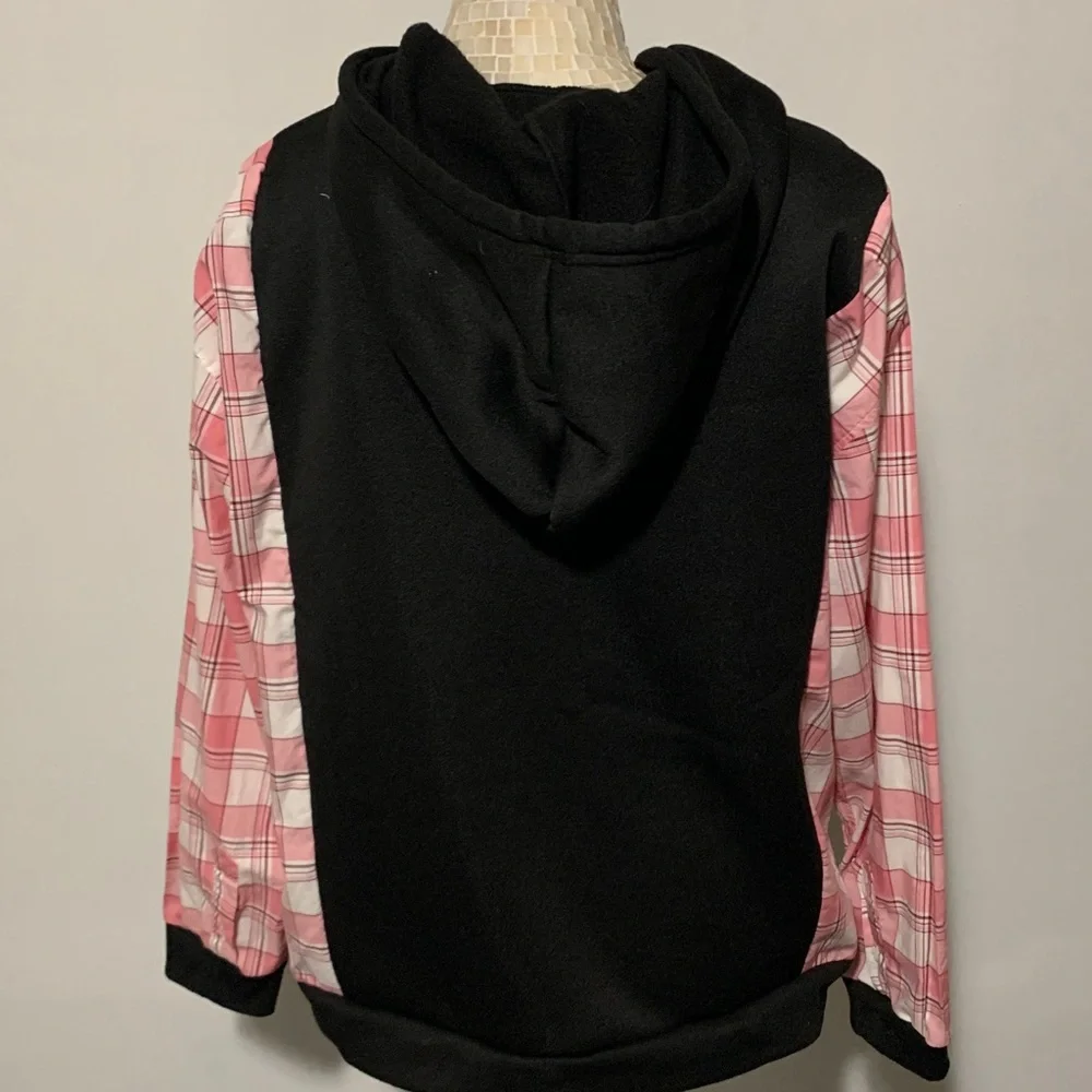 Upcycled Black Hoodie with Pink Distressed Bow Graphic  & Pink Plaid Sleeves - Picture 6 of 9